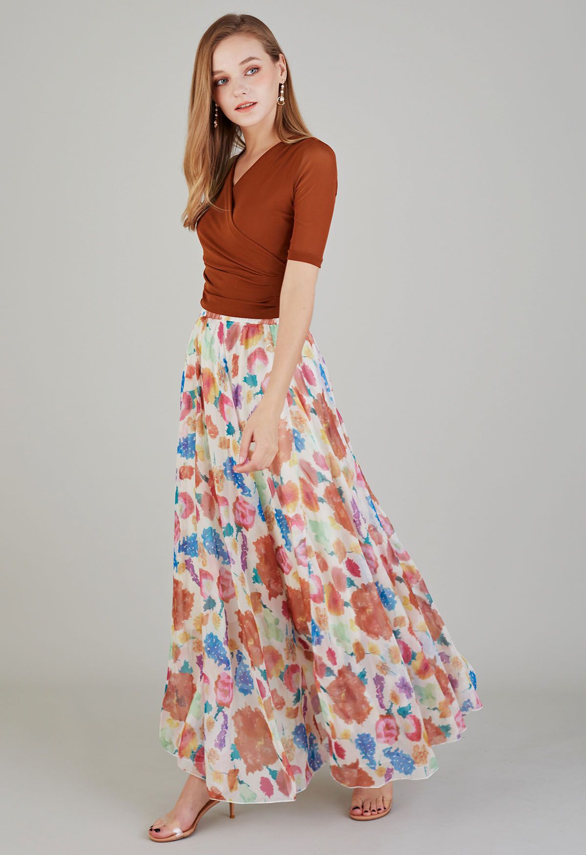 Colorful Blossom Printed Chiffon Maxi Skirt in Light Yellow