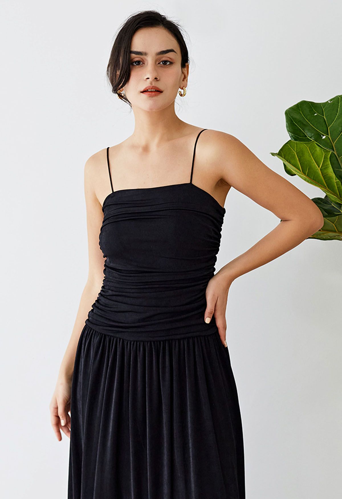 Ruched Elegance Cami Maxi Dress in Black