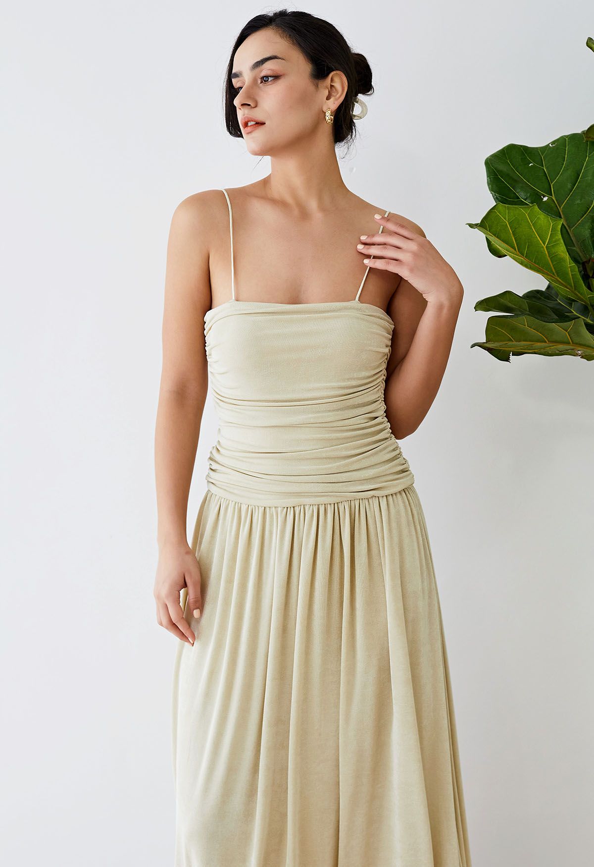 Ruched Elegance Cami Maxi Dress in Sand