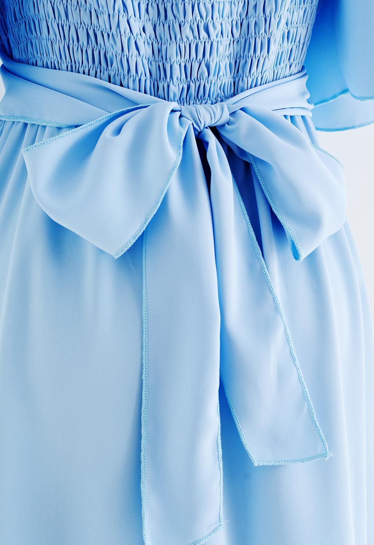 Cross Ribbon Flutter Sleeves Ruffle Dress in Blue