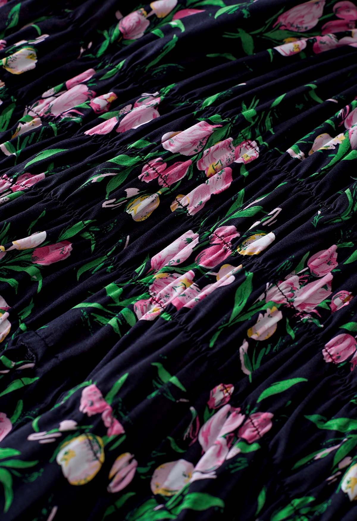 Flower Buds Ruffle Cami Dress in Black