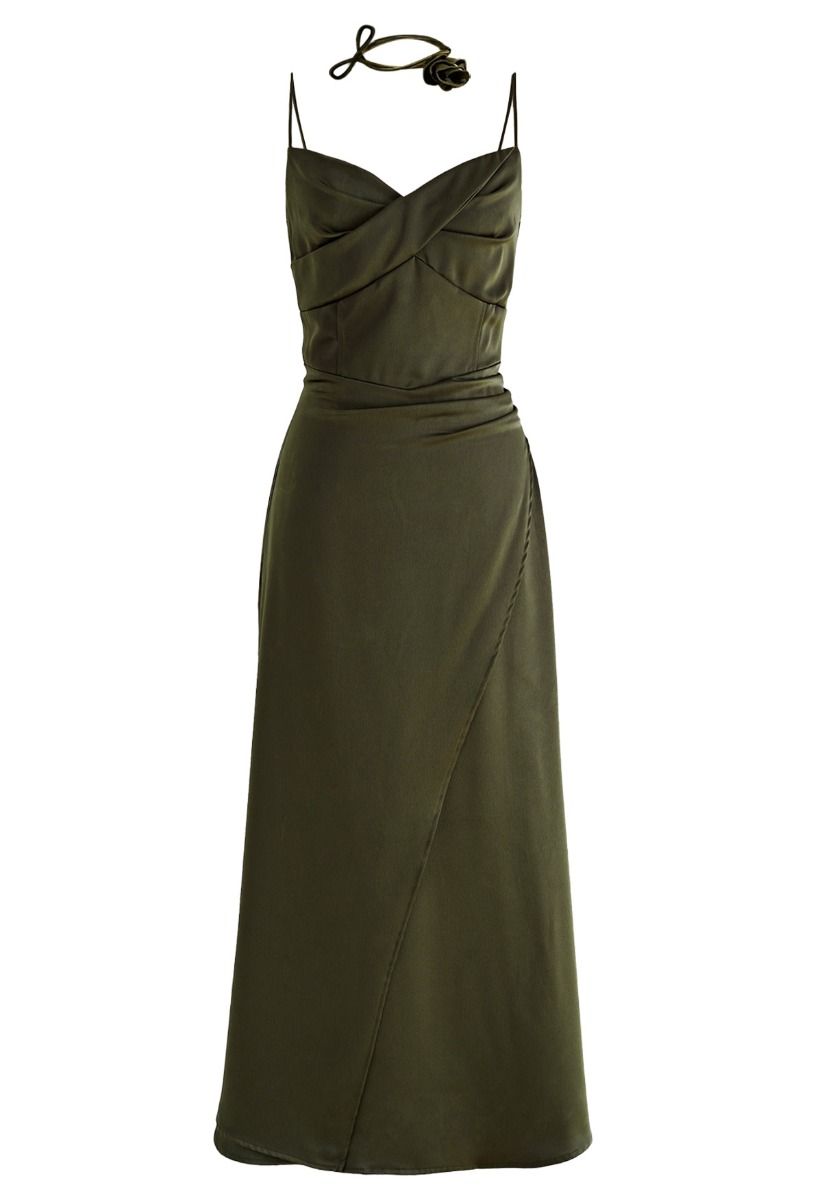 Floral Choker Satin Cami Maxi Dress in Olive