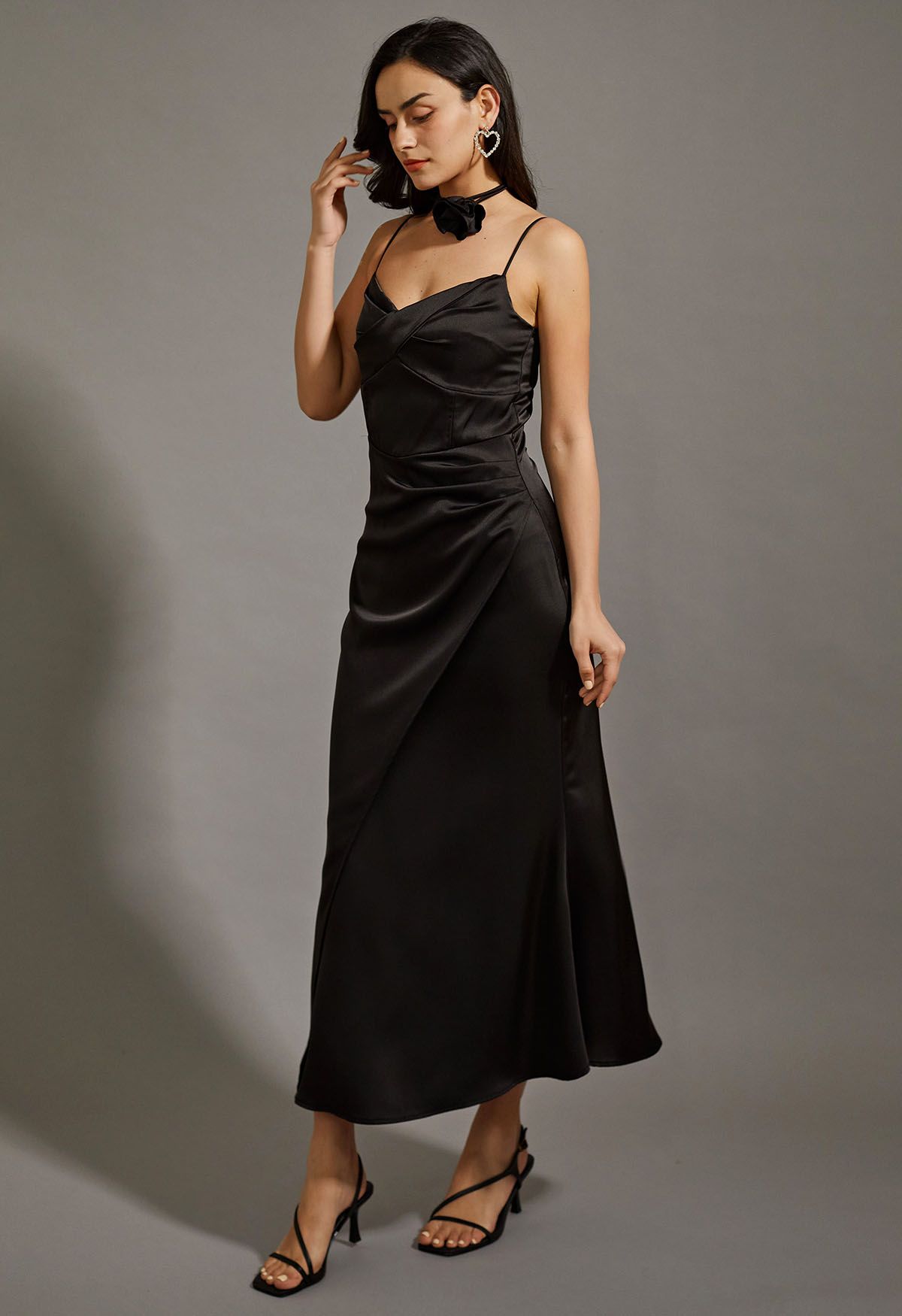 Floral Choker Satin Cami Maxi Dress in Black