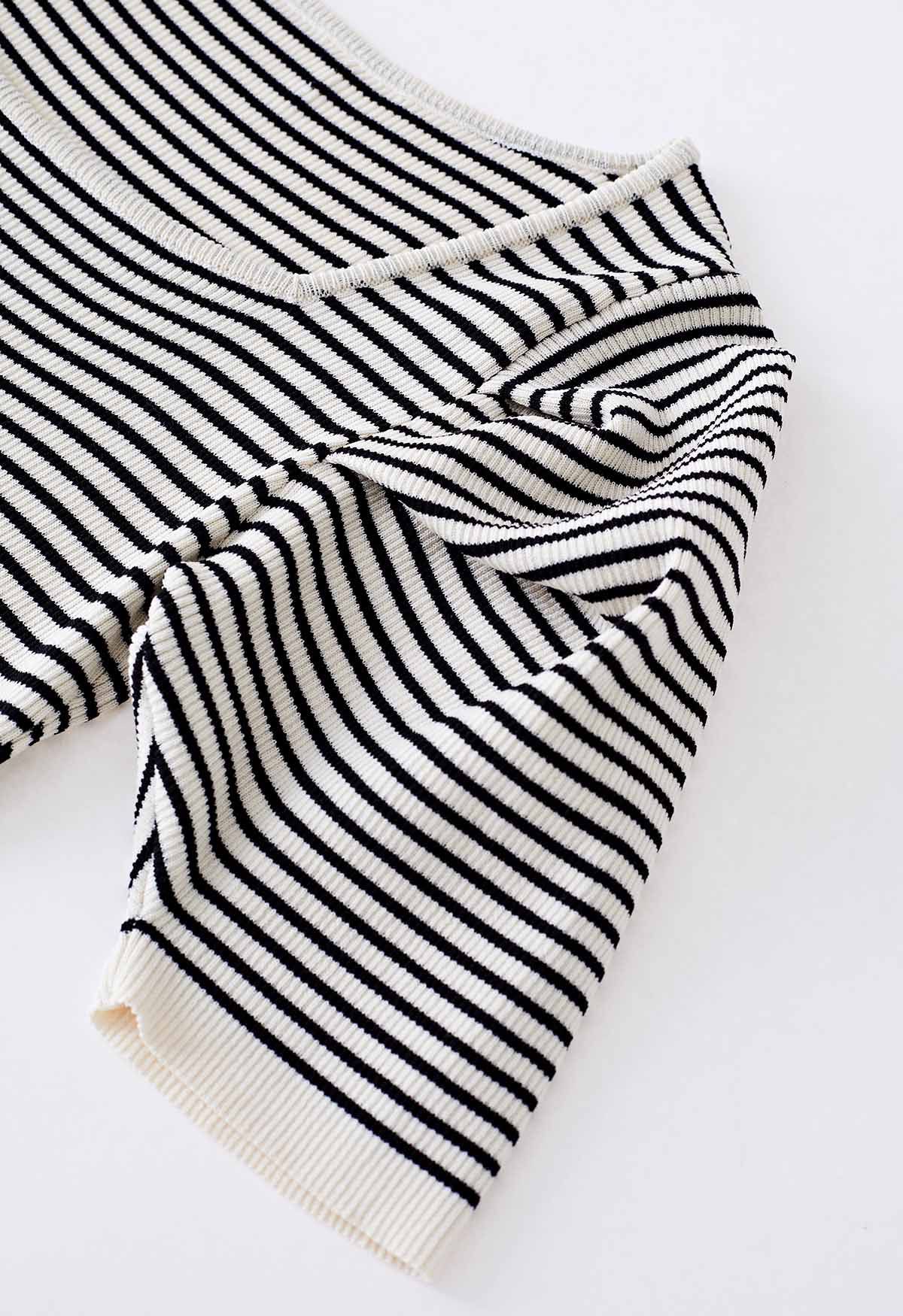 Square Neck Puff Shoulder Knit Crop Top in Stripe