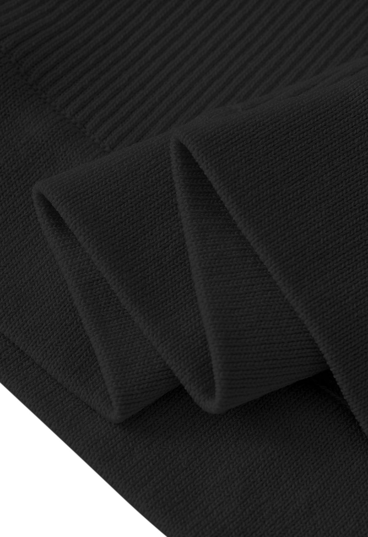 Square Neck Puff Shoulder Knit Crop Top in Black