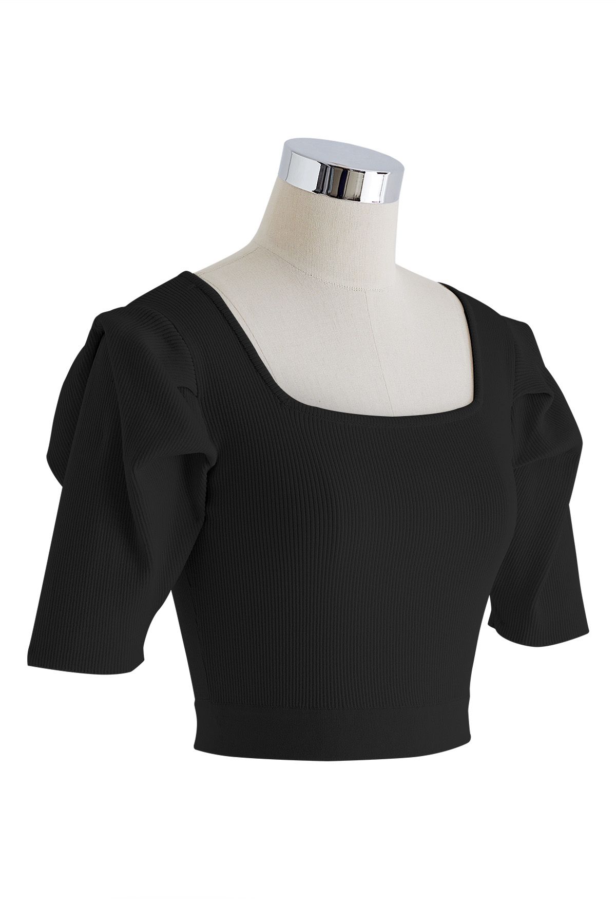 Square Neck Puff Shoulder Knit Crop Top in Black