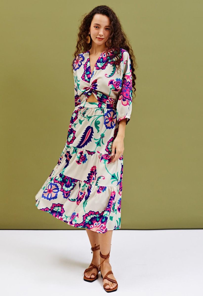 Floral Paisley Print Twist V-Neck Midi Dress
