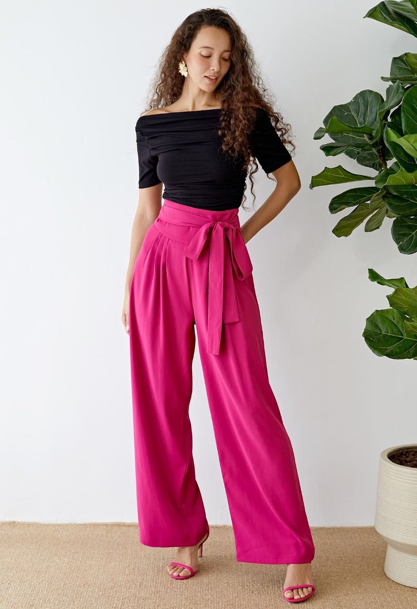 Custom Polyester/Cotton Elastic Waist Pants Sexy Pink Solid Wide Leg Casual  Two Piece Outfits for Women Pants