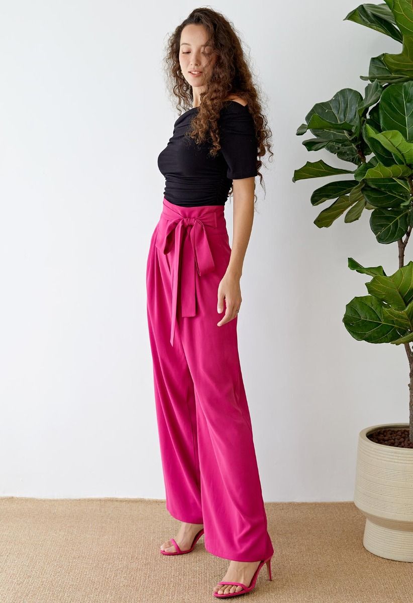 Bowknot High Waist Wide-Leg Pants in Magenta - Retro, Indie and