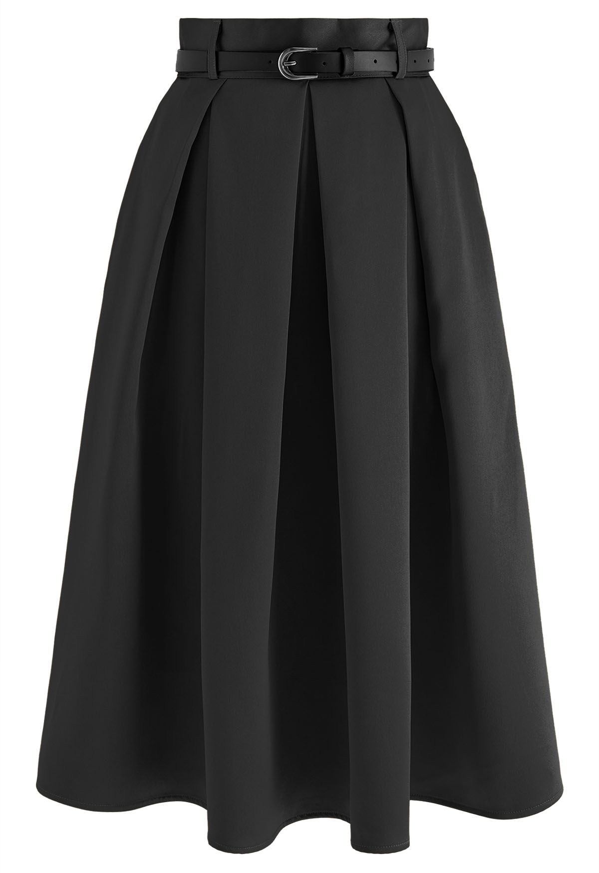 Elegant Pleated Belted Midi Skirt in Black - Retro, Indie and Unique ...