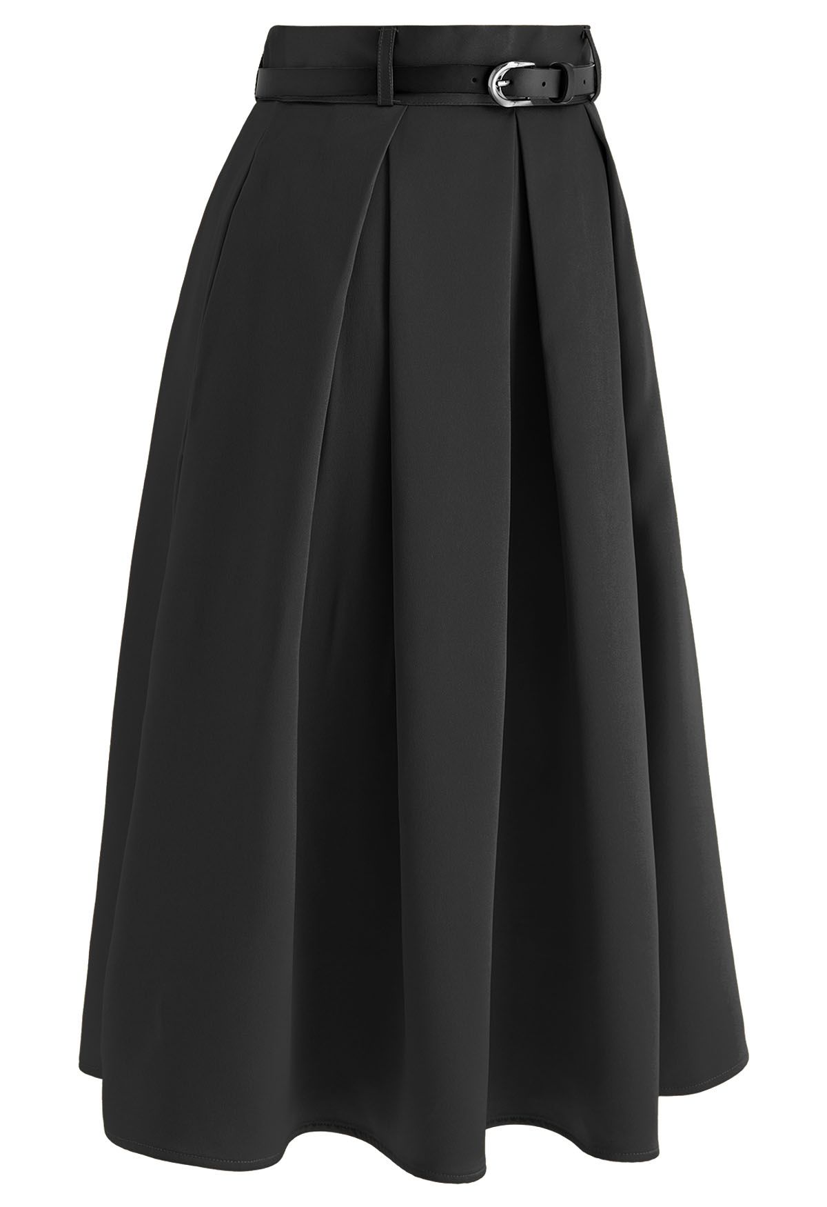 Elegant Pleated Belted Midi Skirt in Black