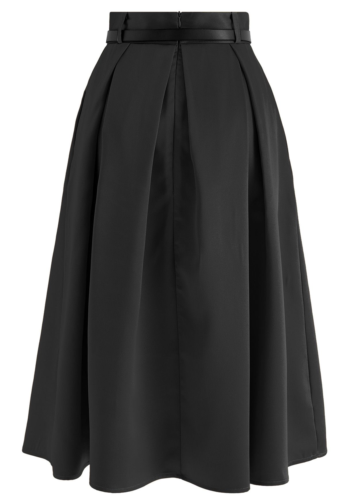 Elegant Pleated Belted Midi Skirt in Black