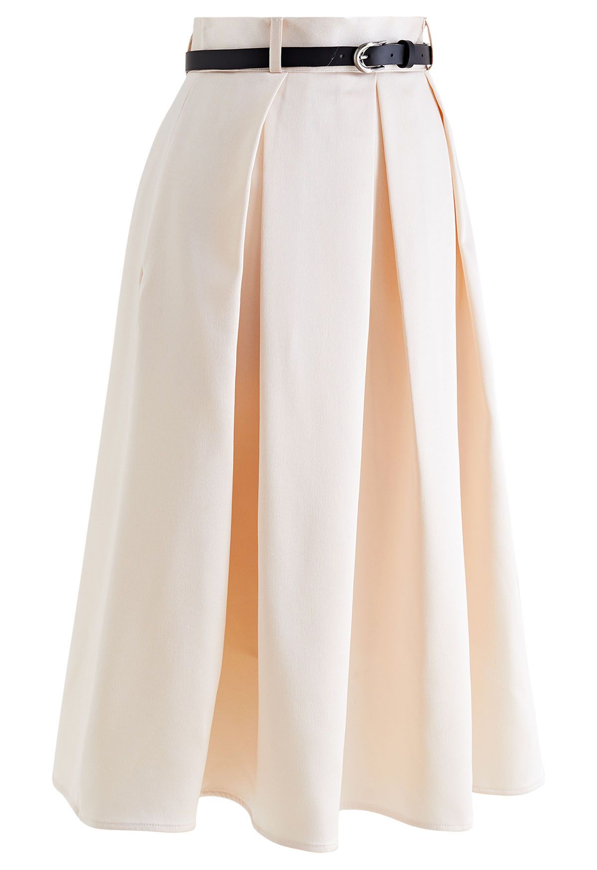 Elegant Pleated Belted Midi Skirt in Cream
