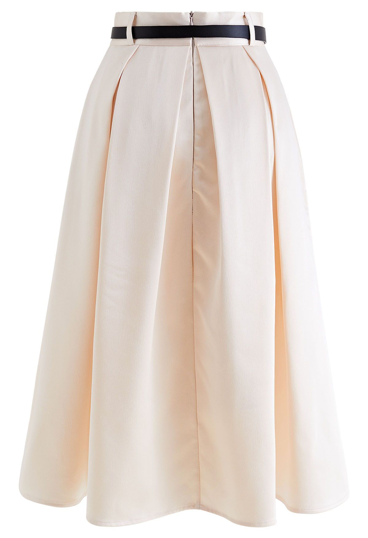 Elegant Pleated Belted Midi Skirt in Cream