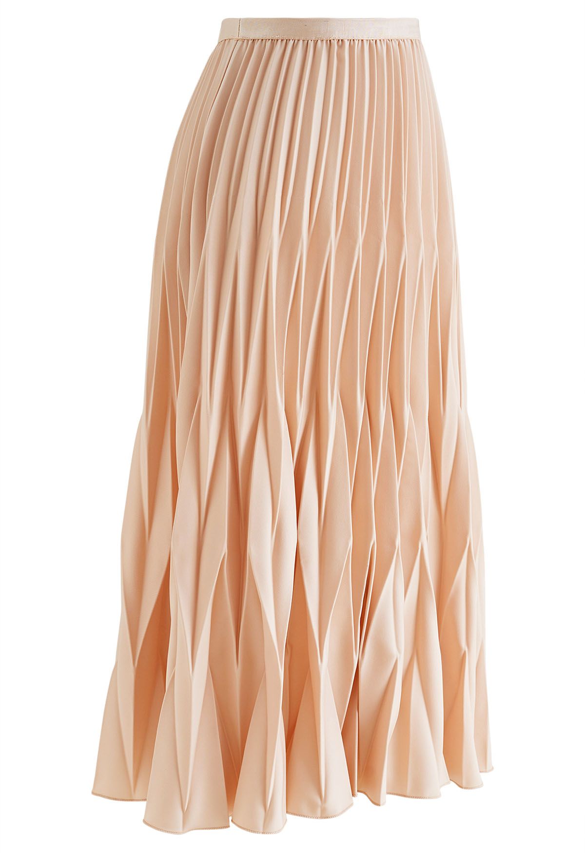 Irregular Pleated Midi Skirt in Apricot