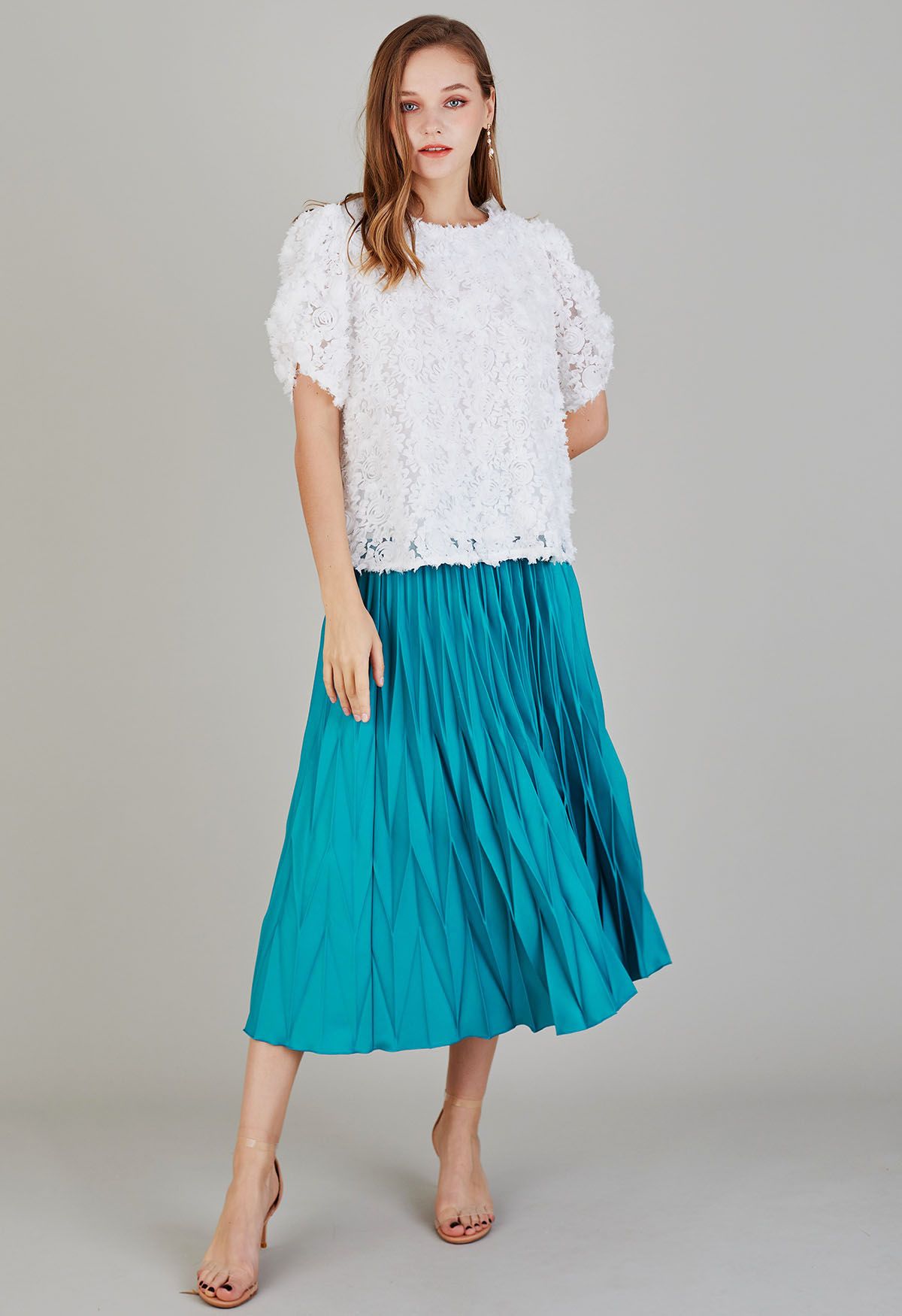 Irregular Pleated Midi Skirt in Teal