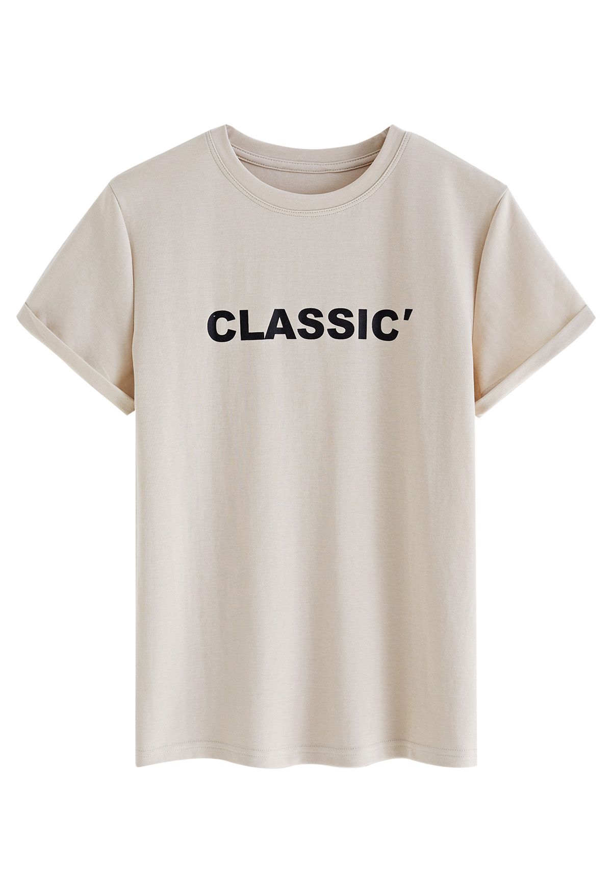 Classic Folded Cuffs Crew Neck T-Shirt in Oatmeal