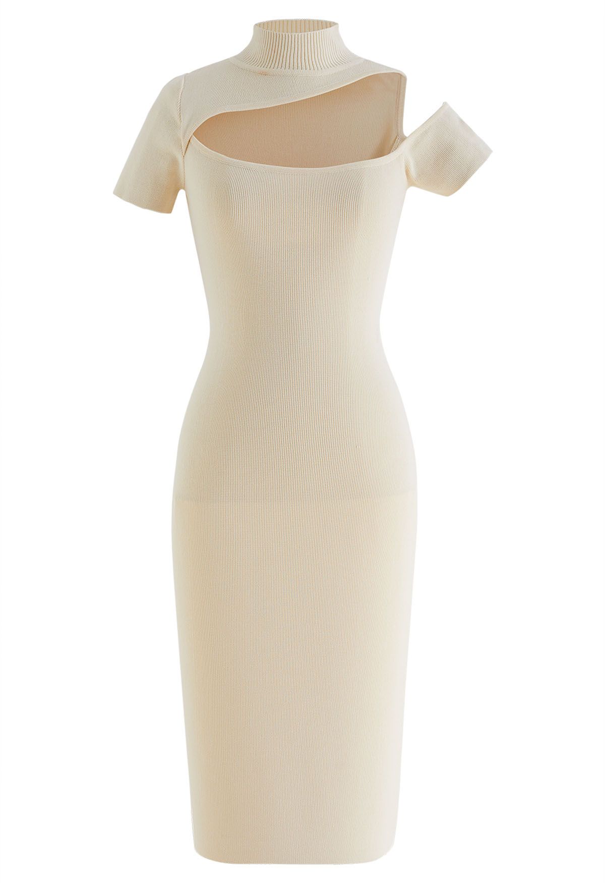 Cutout Neckline Bodycon Knit Dress in Cream