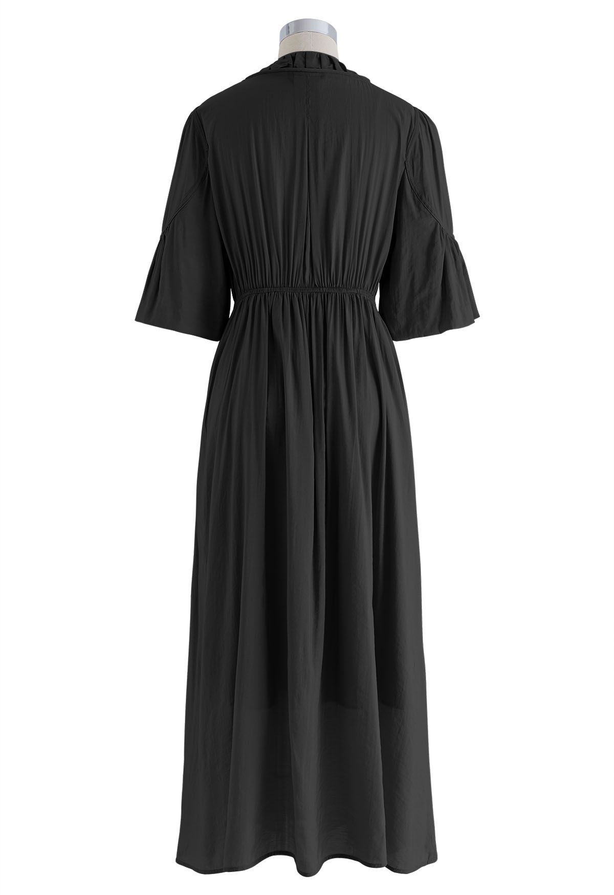 Ruched V-Neck Flutter Sleeves Midi Dress in Black