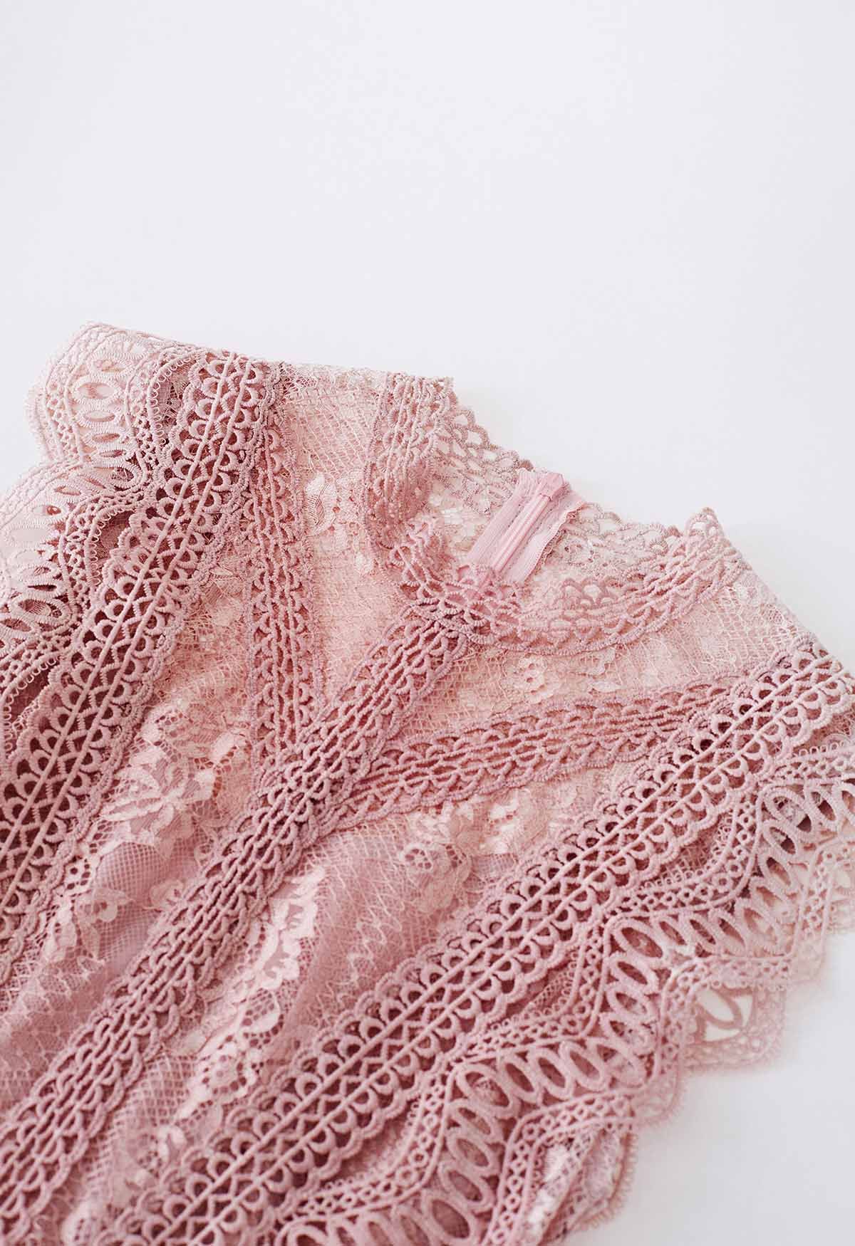 Crochet Lace Spliced Sleeveless Mermaid Dress in Pink