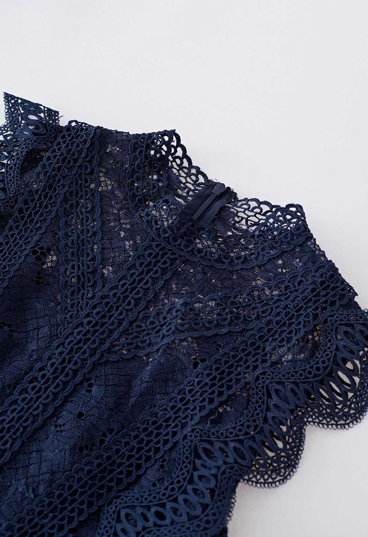 Crochet Lace Spliced Sleeveless Mermaid Dress in Navy