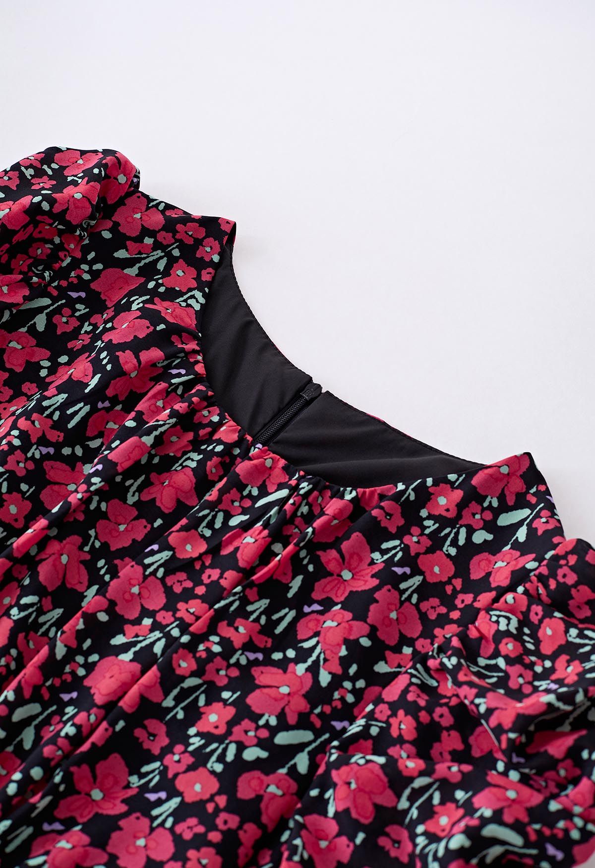 Red Flower Print Asymmetric Ruffle Midi Dress in Black