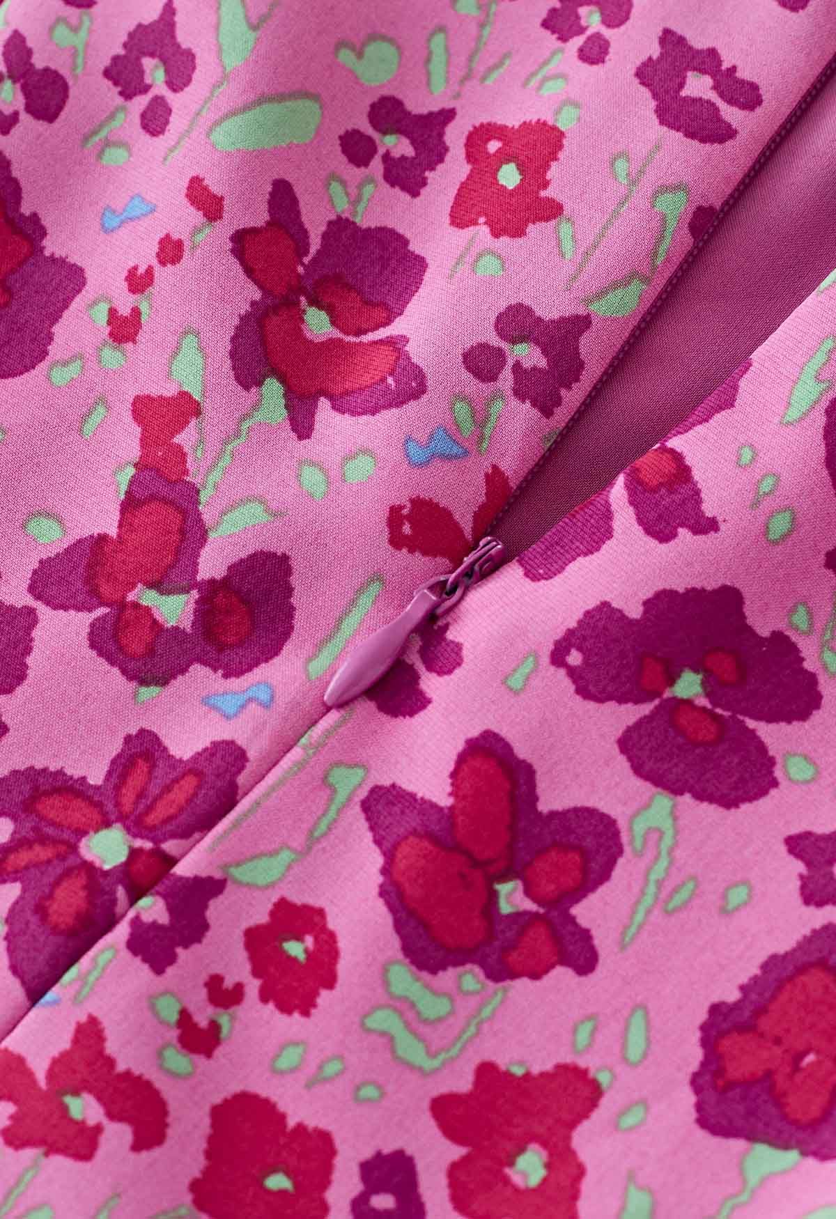 Red Flower Print Asymmetric Ruffle Midi Dress in Pink