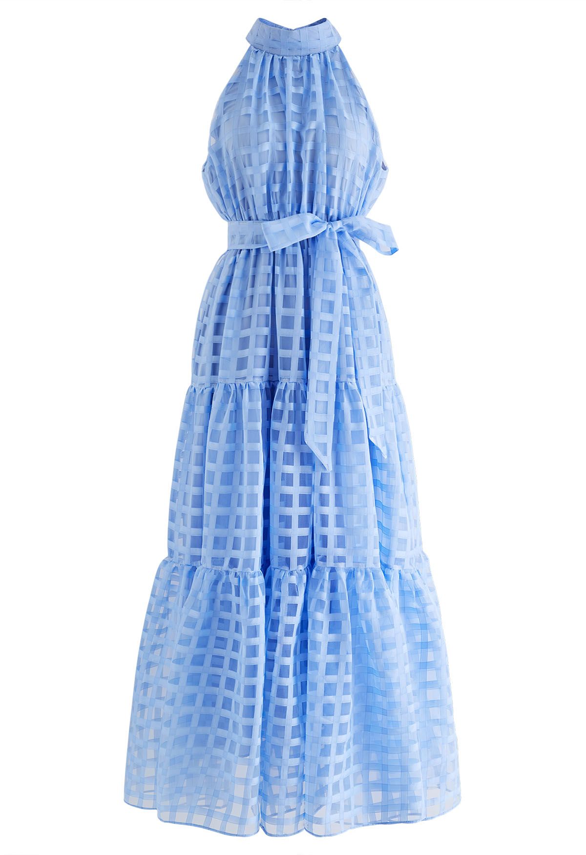 Check Halter Neck Tie Waist Maxi Dress in Blue