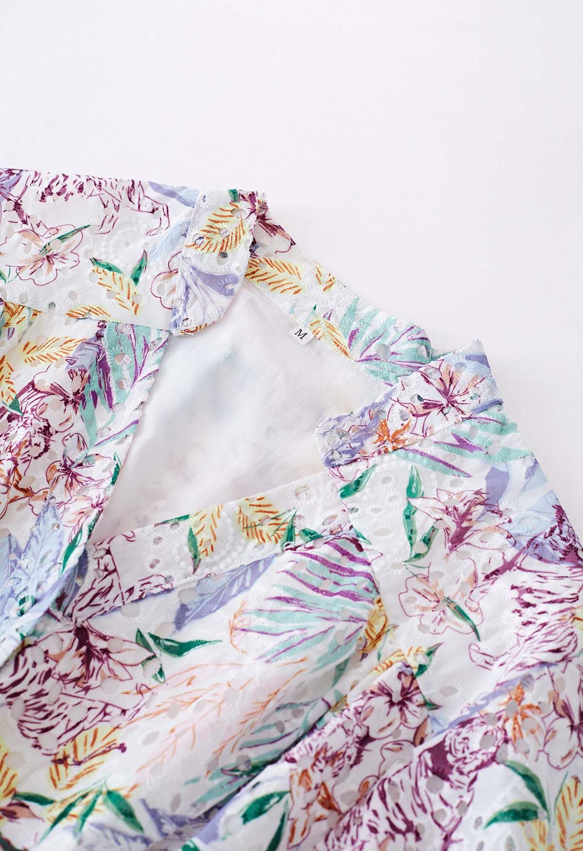 Pastel Leaves Embroidered Eyelet Midi Dress