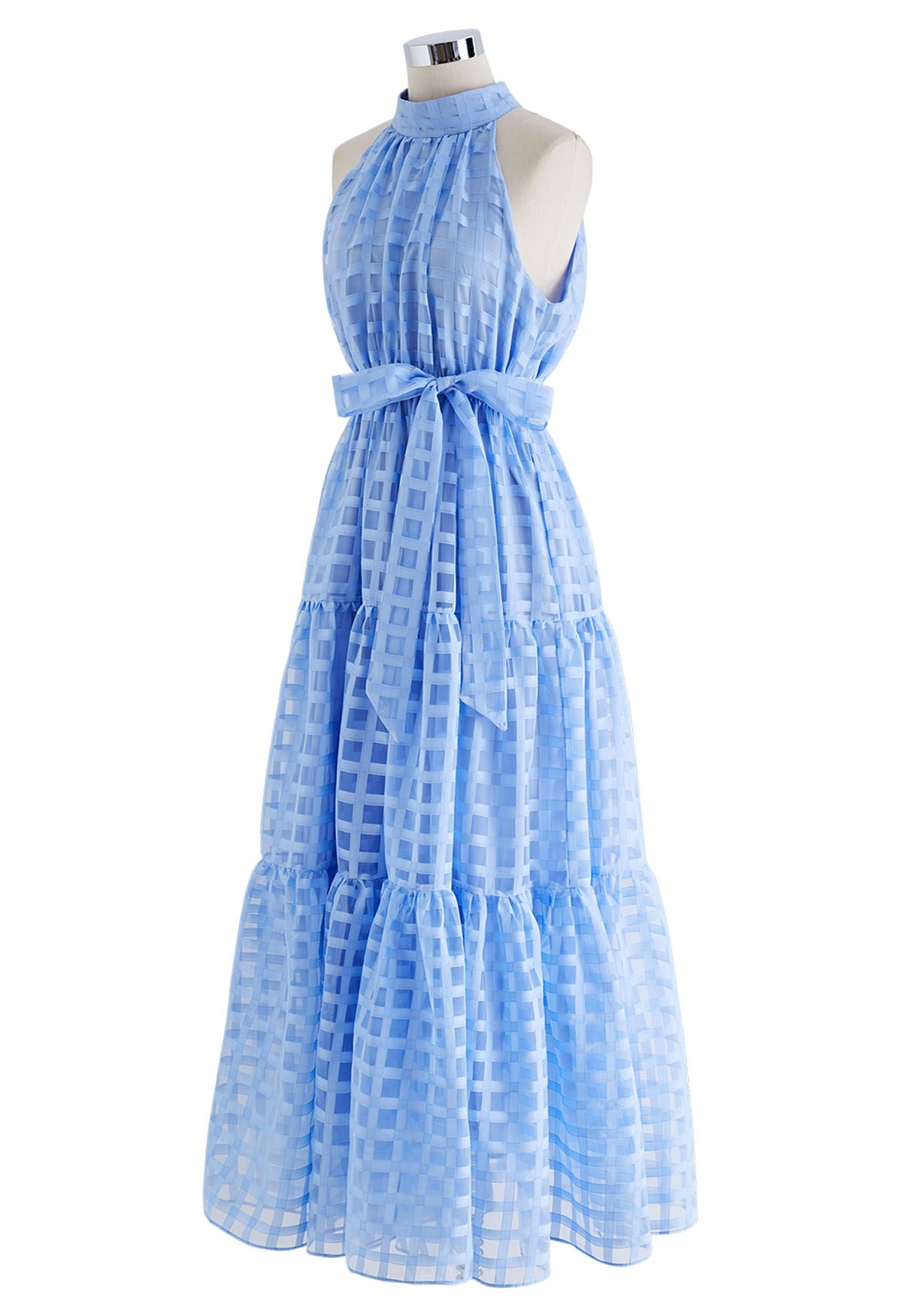 Check Halter Neck Tie Waist Maxi Dress in Blue