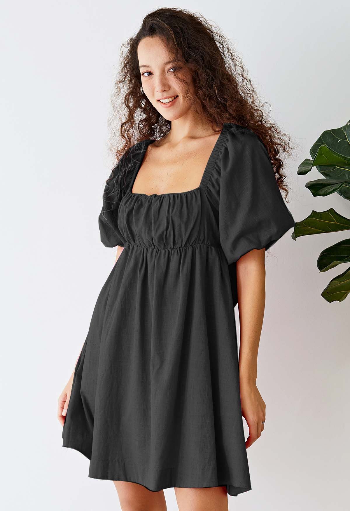 Square Neck Puff Sleeves Tie-Back Dress in Black