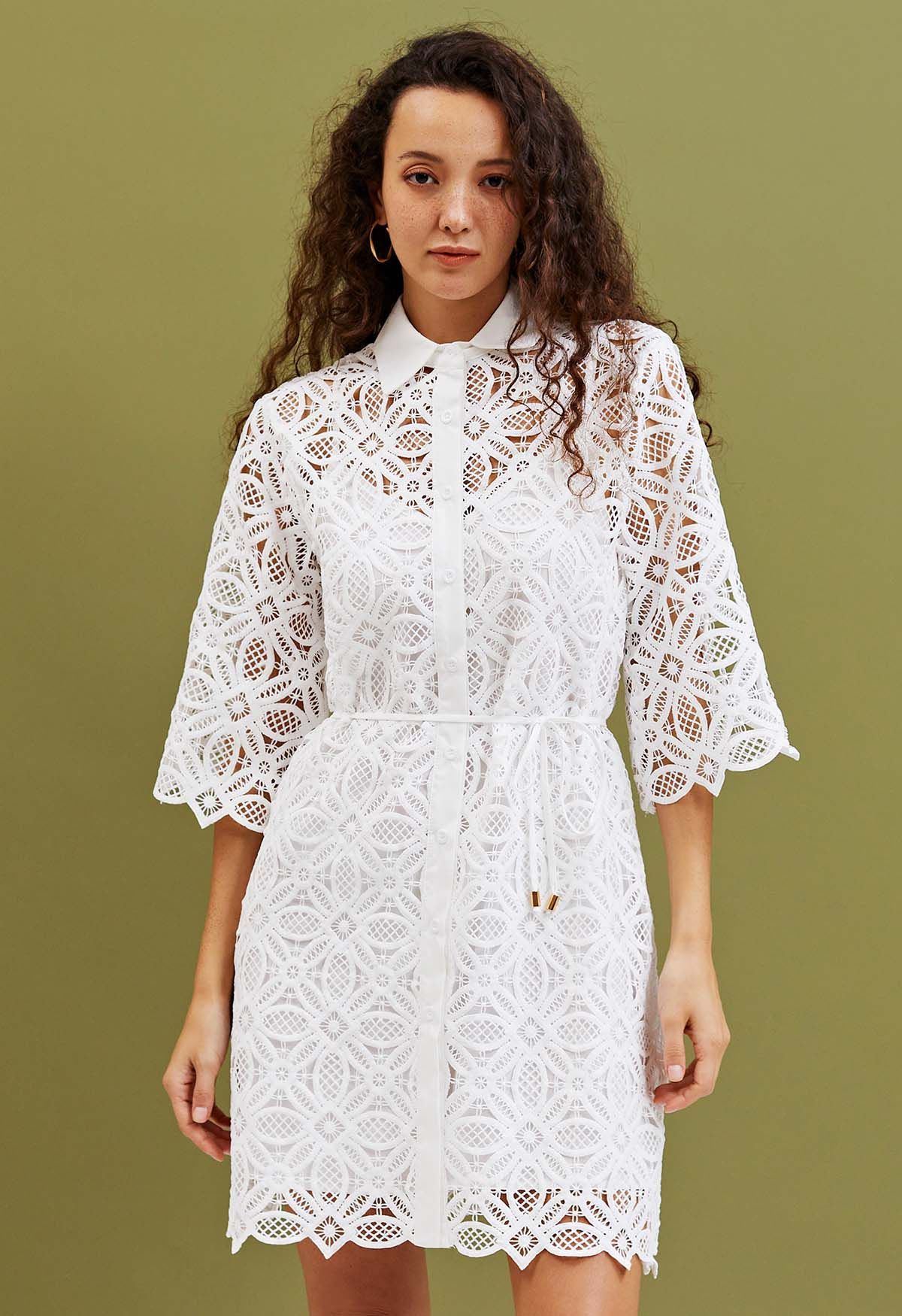 Delicate Cutwork Lace Button Down Dress in White