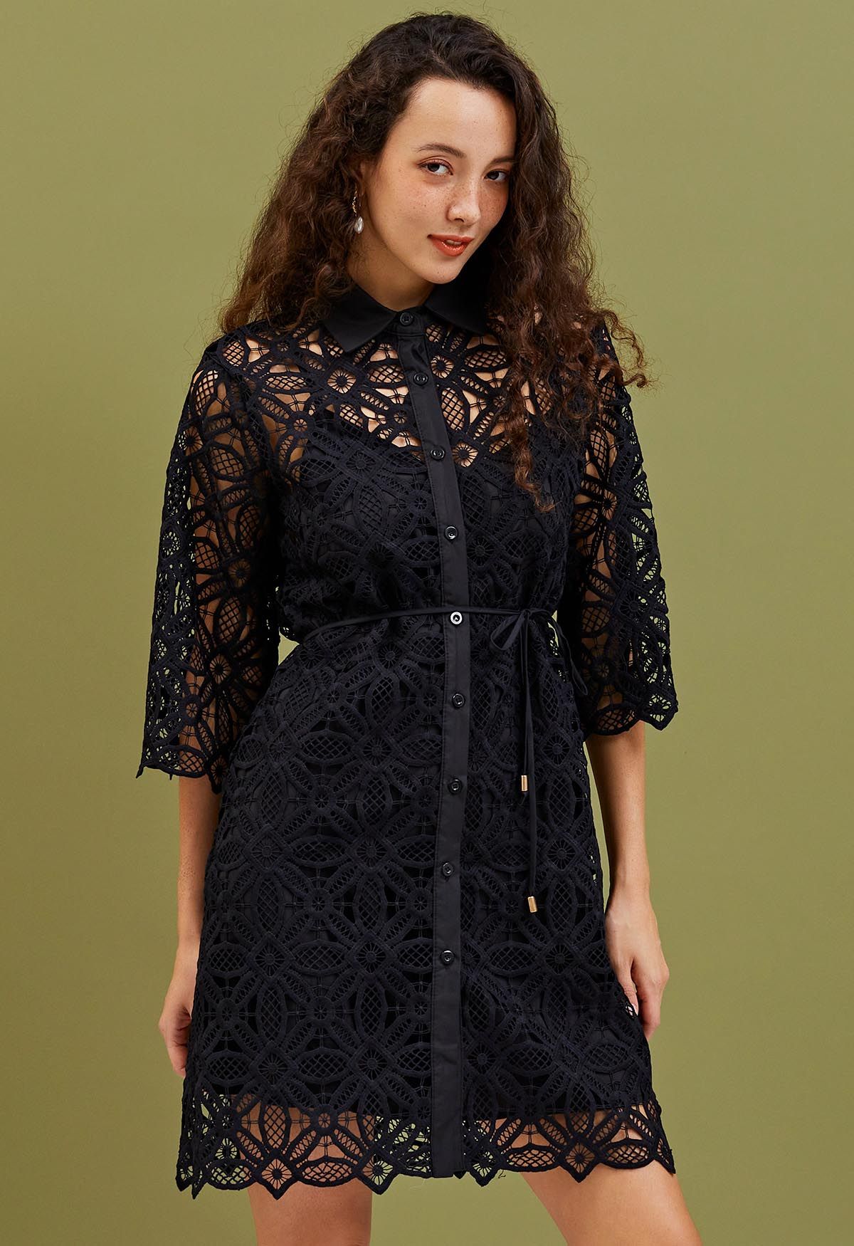 Delicate Cutwork Lace Button Down Dress in Black