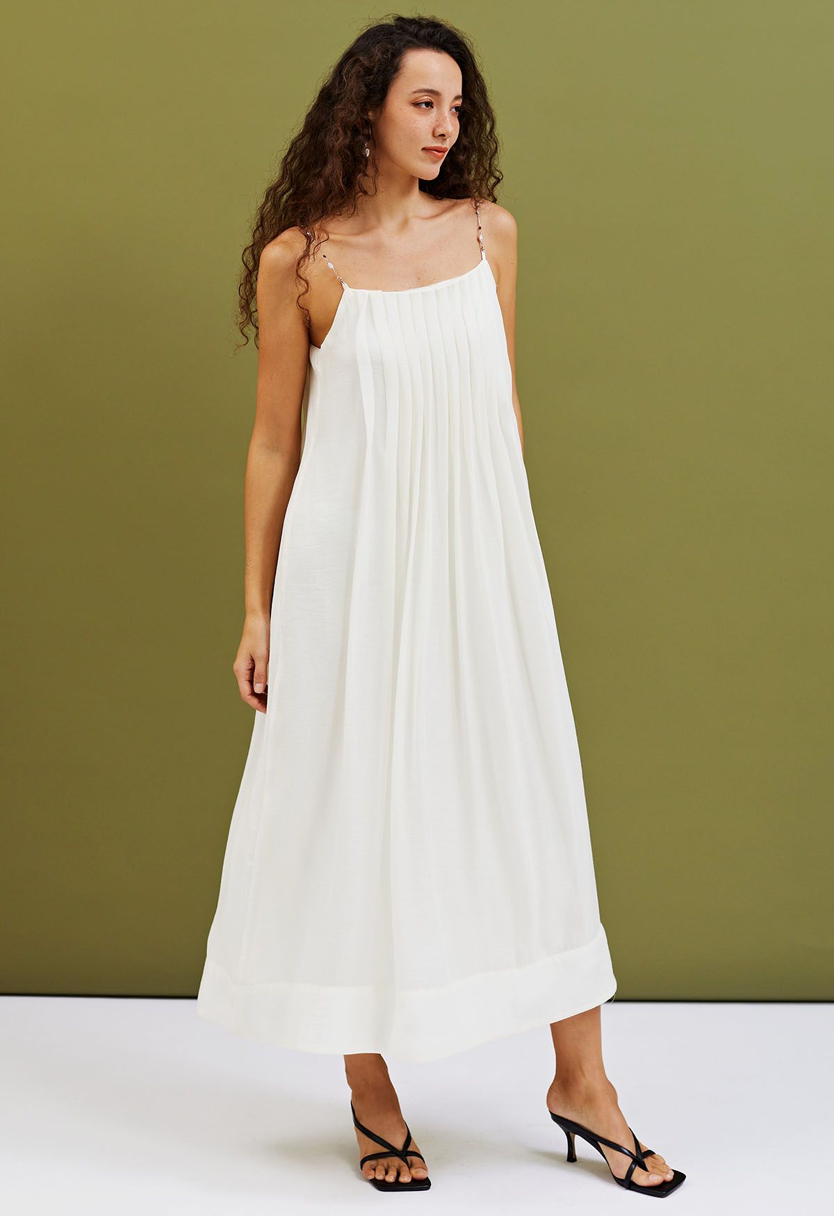 Breezy Pleated Chain Cami Maxi Dress in Ivory