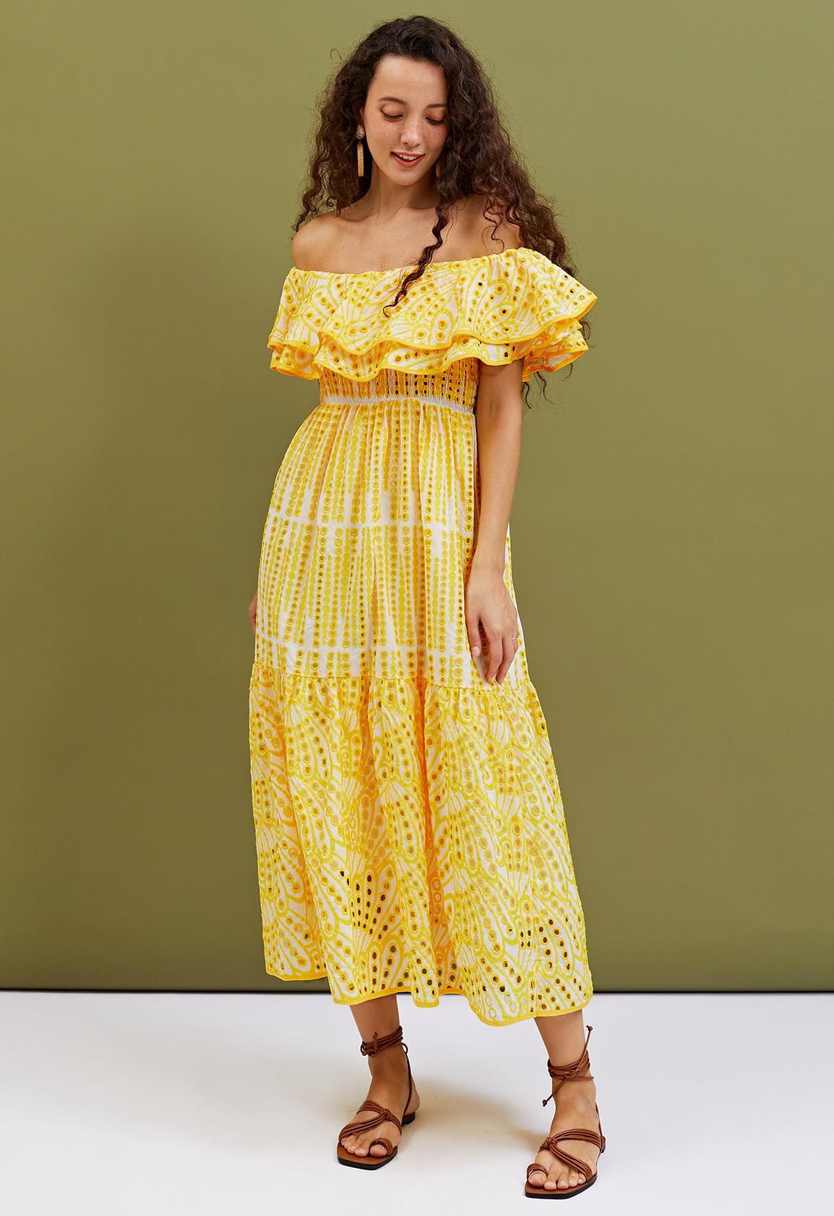 Off-Shoulder Tiered Ruffle Embroidered Eyelet Dress