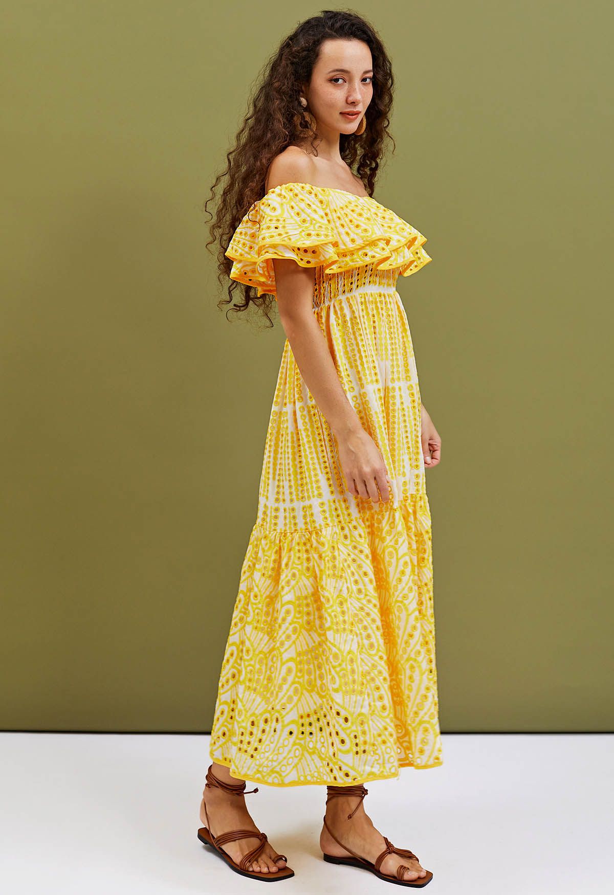 Off-Shoulder Tiered Ruffle Embroidered Eyelet Dress