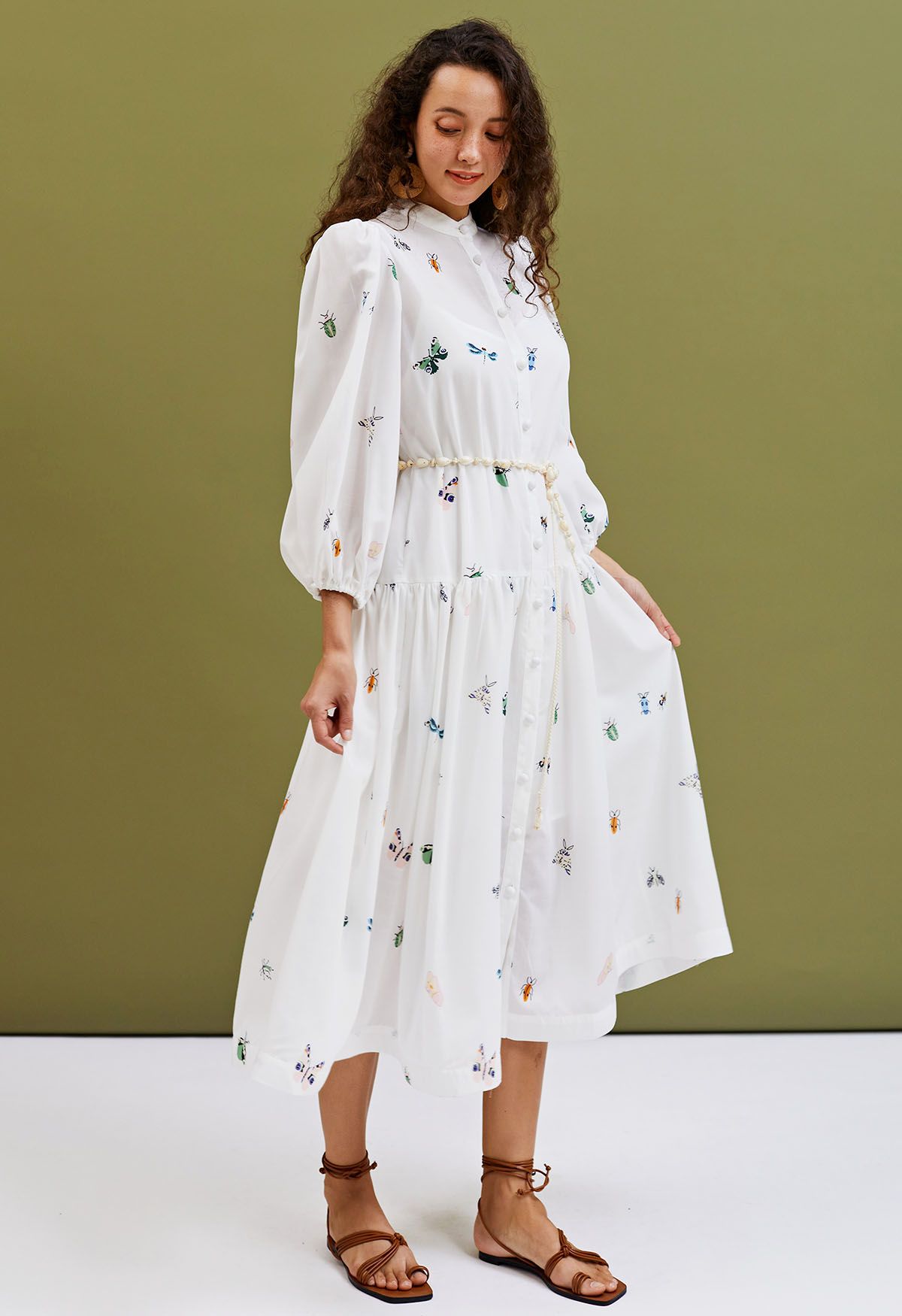 Insect Printed Button Down Shirt Dress