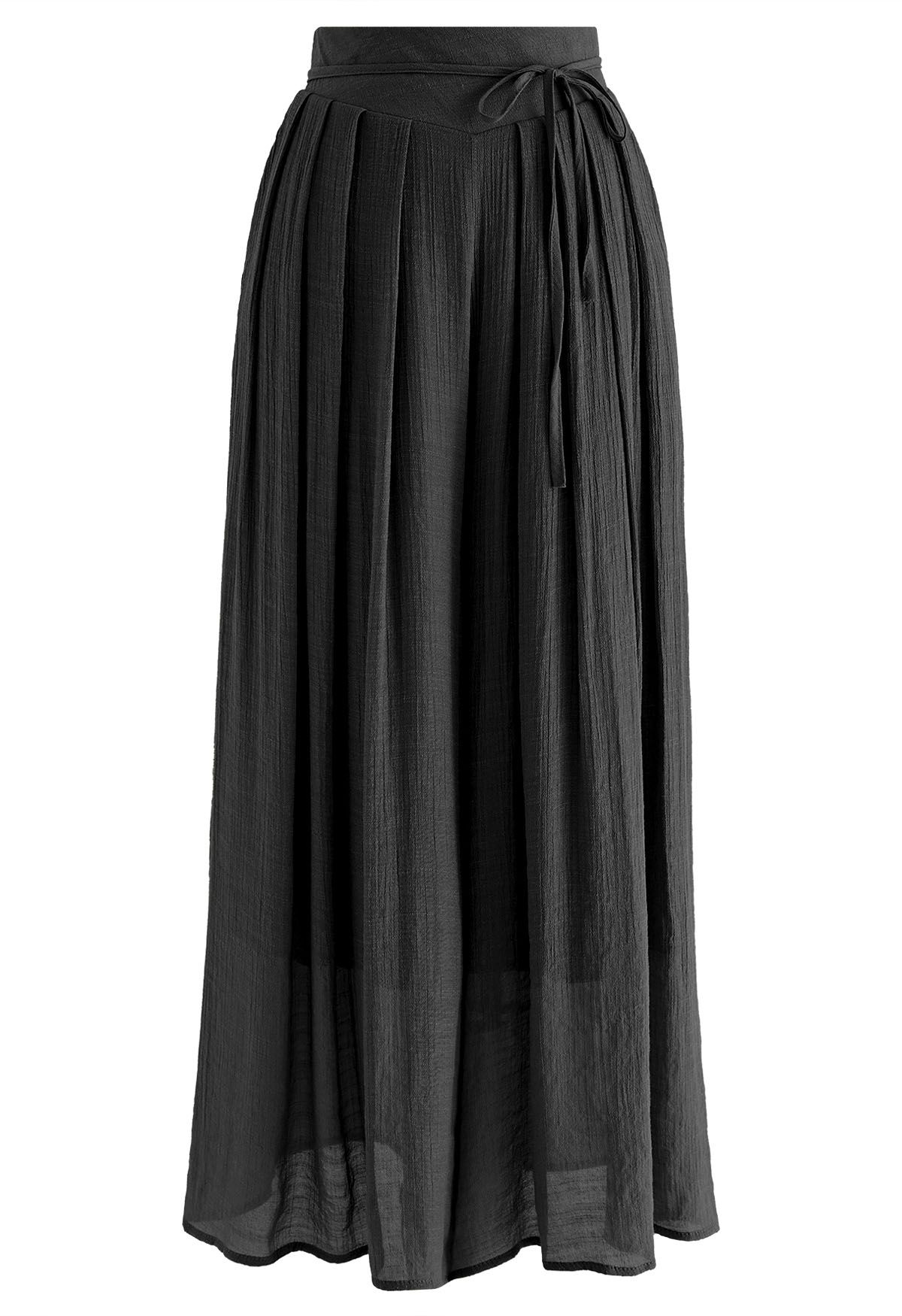 Tie Waist Pleated Wide-Leg Pants in Black - Retro, Indie and Unique Fashion