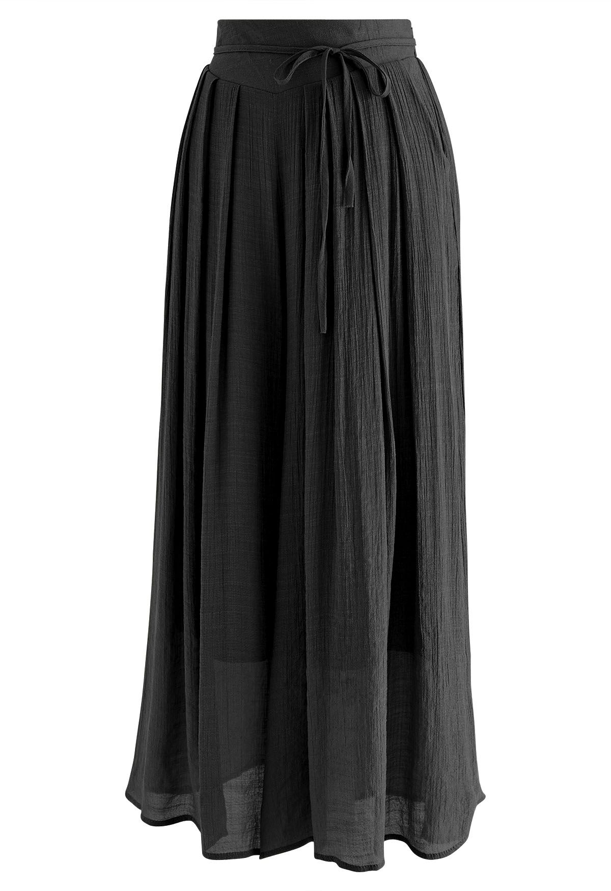 Tie Waist Pleated Wide-Leg Pants in Black - Retro, Indie and Unique Fashion