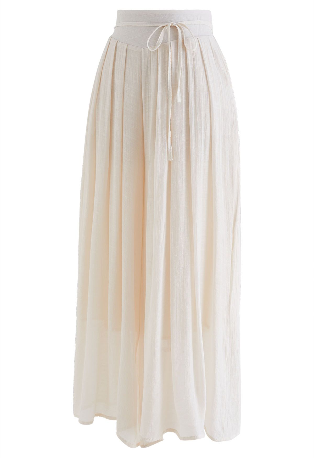 Tie Waist Pleated Wide-Leg Pants in Ivory - Retro, Indie and