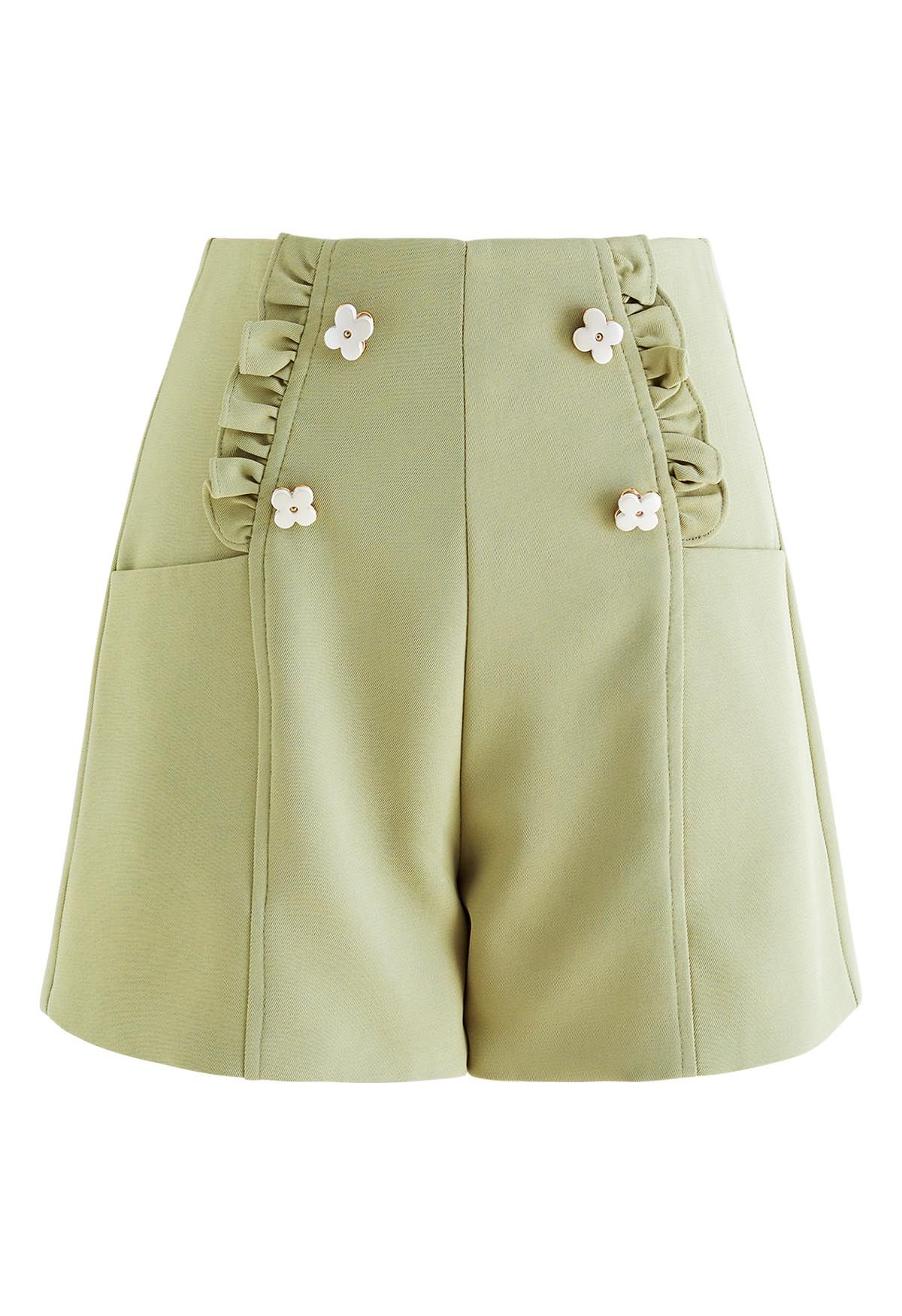 Adorable Flower Ruffle Trim Shorts in Pea Green - Retro, Indie and ...