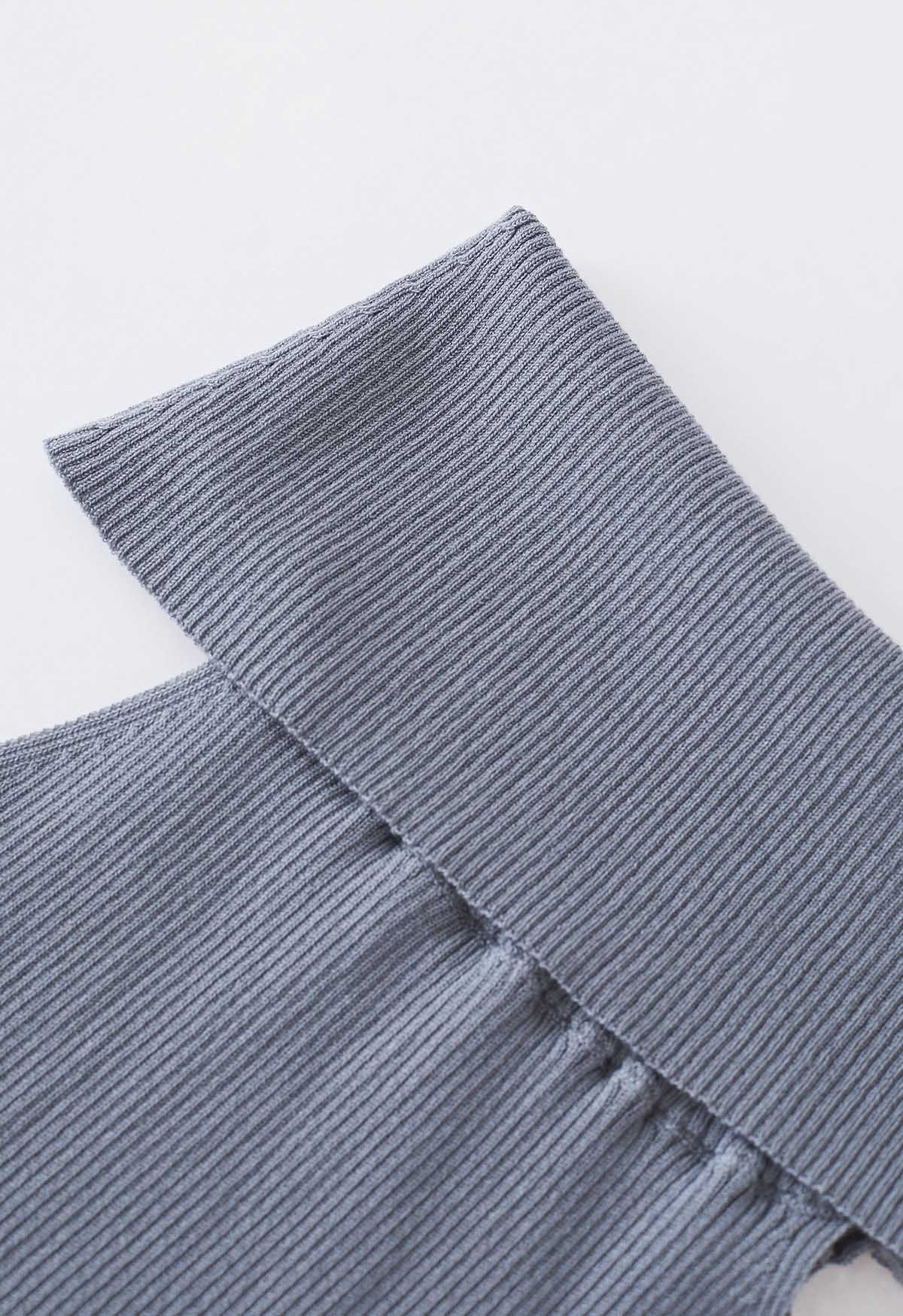 Folded Off-Shoulder Rib Knit Top in Dusty Blue