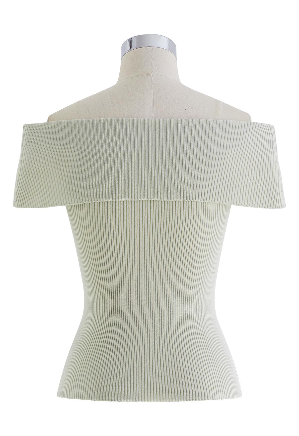 Folded Off-Shoulder Rib Knit Top in Pea Green