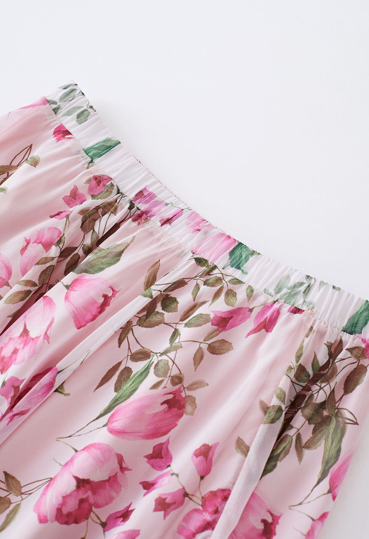 Pink Flower Bud Printed Chiffon Maxi Skirt