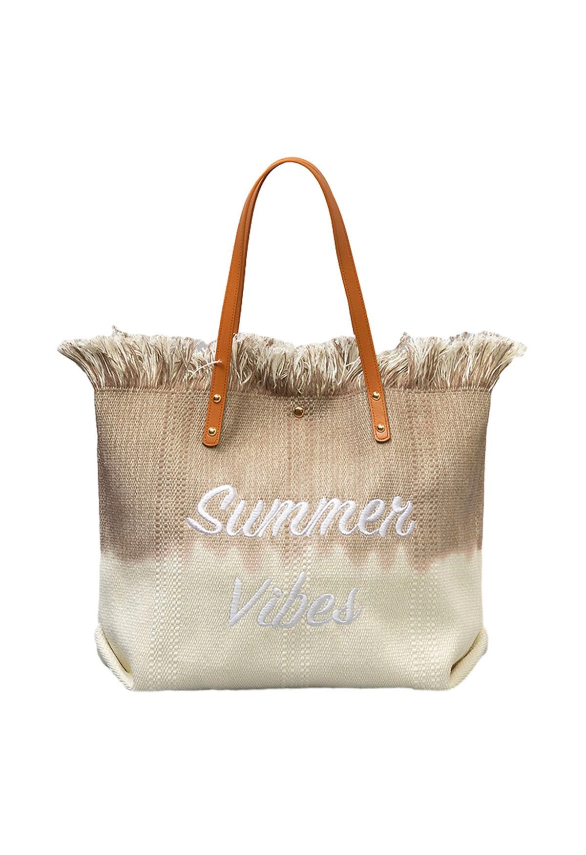 Summer Vibes Two-Tone Canvas Tote Bag in Khaki
