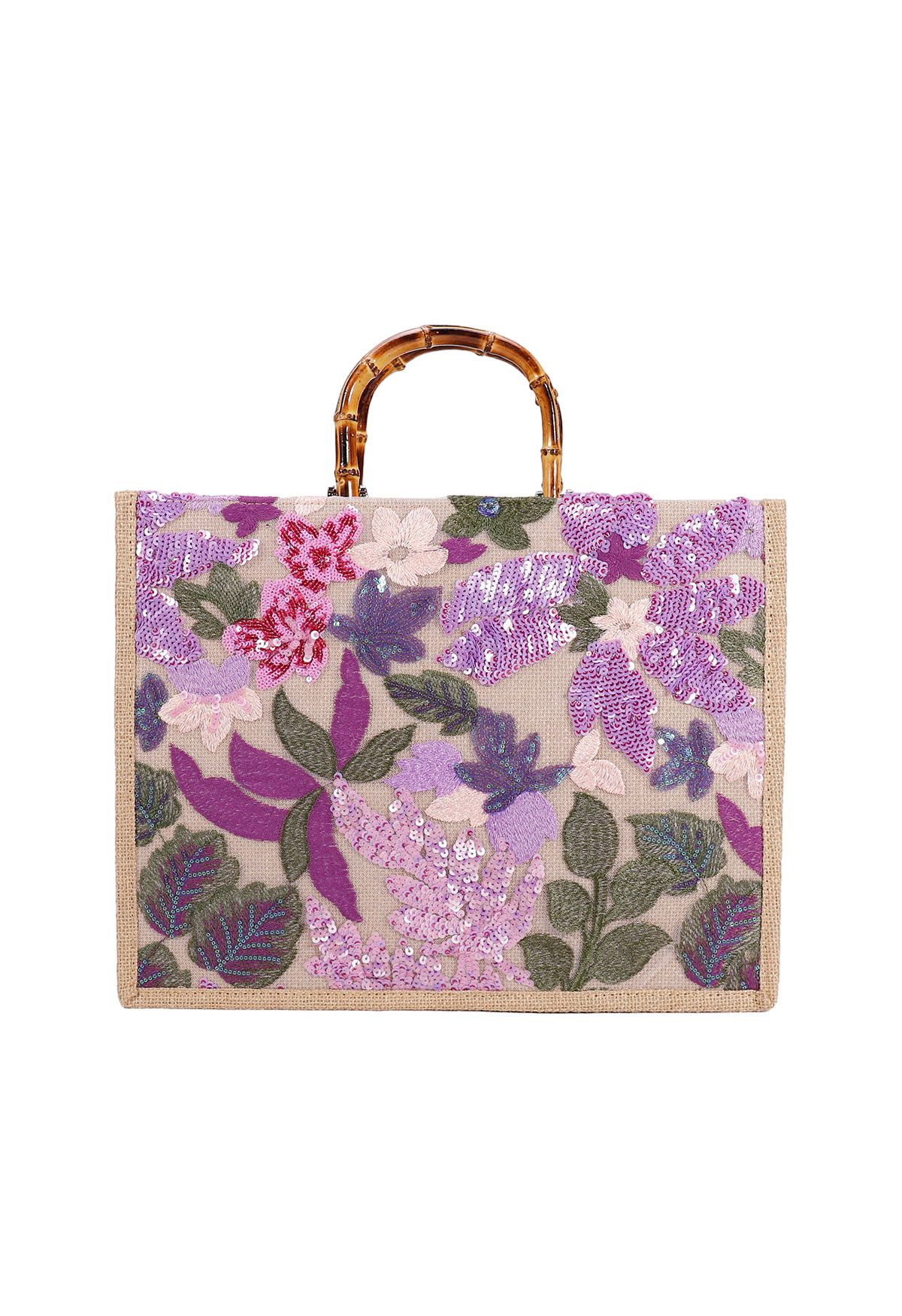 Sequin Floral Embroidered Bamboo Handle Tote Bag in Violet