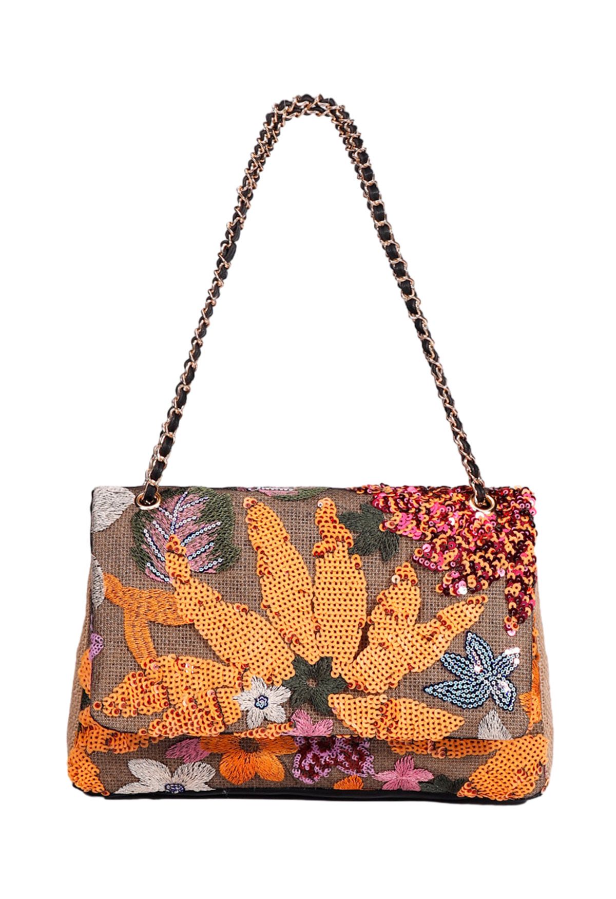 Sequin Floral Embroidered Shoulder Bag in Orange