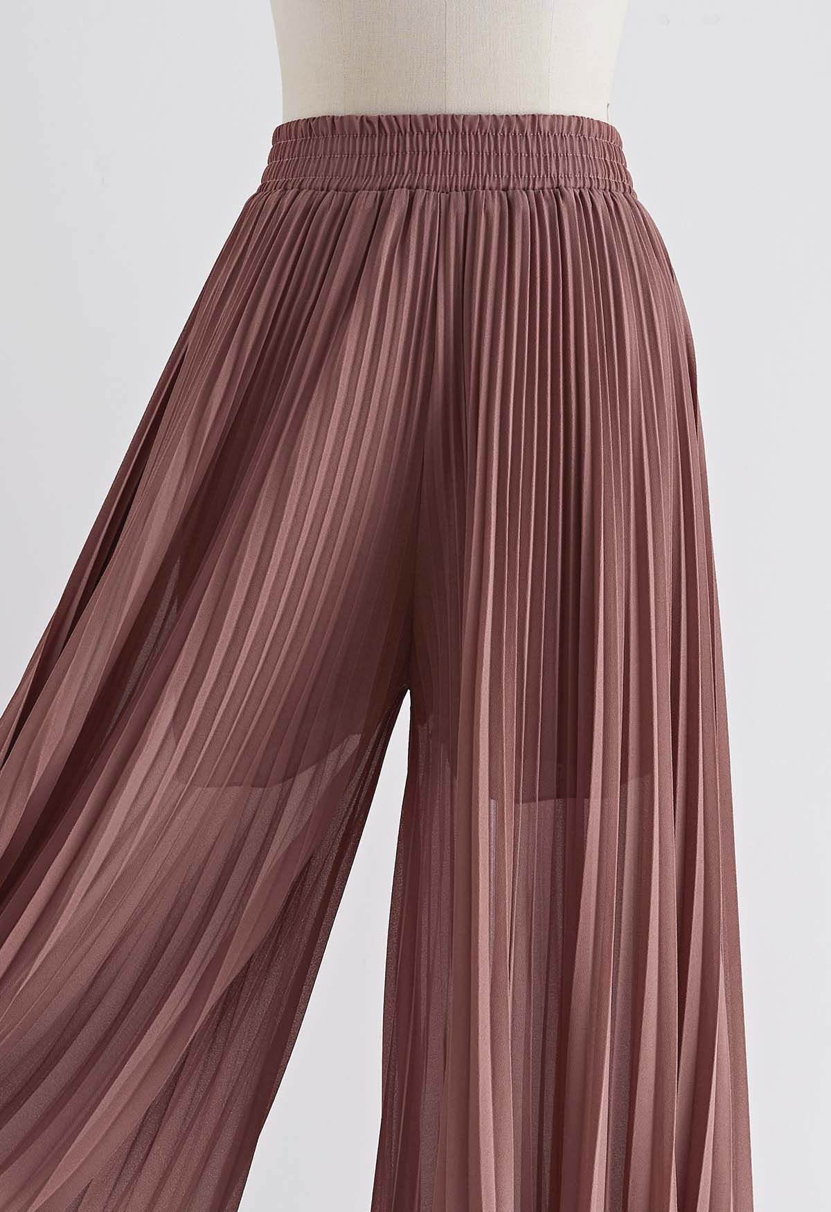 Full Pleats Wide Leg Pull-On Pants in Rust Red