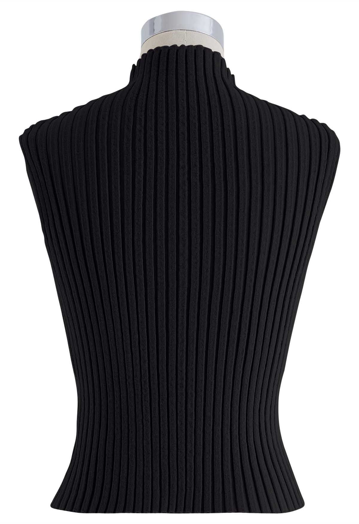 Mock Neck Sleeveless Rib Knit Top in Black