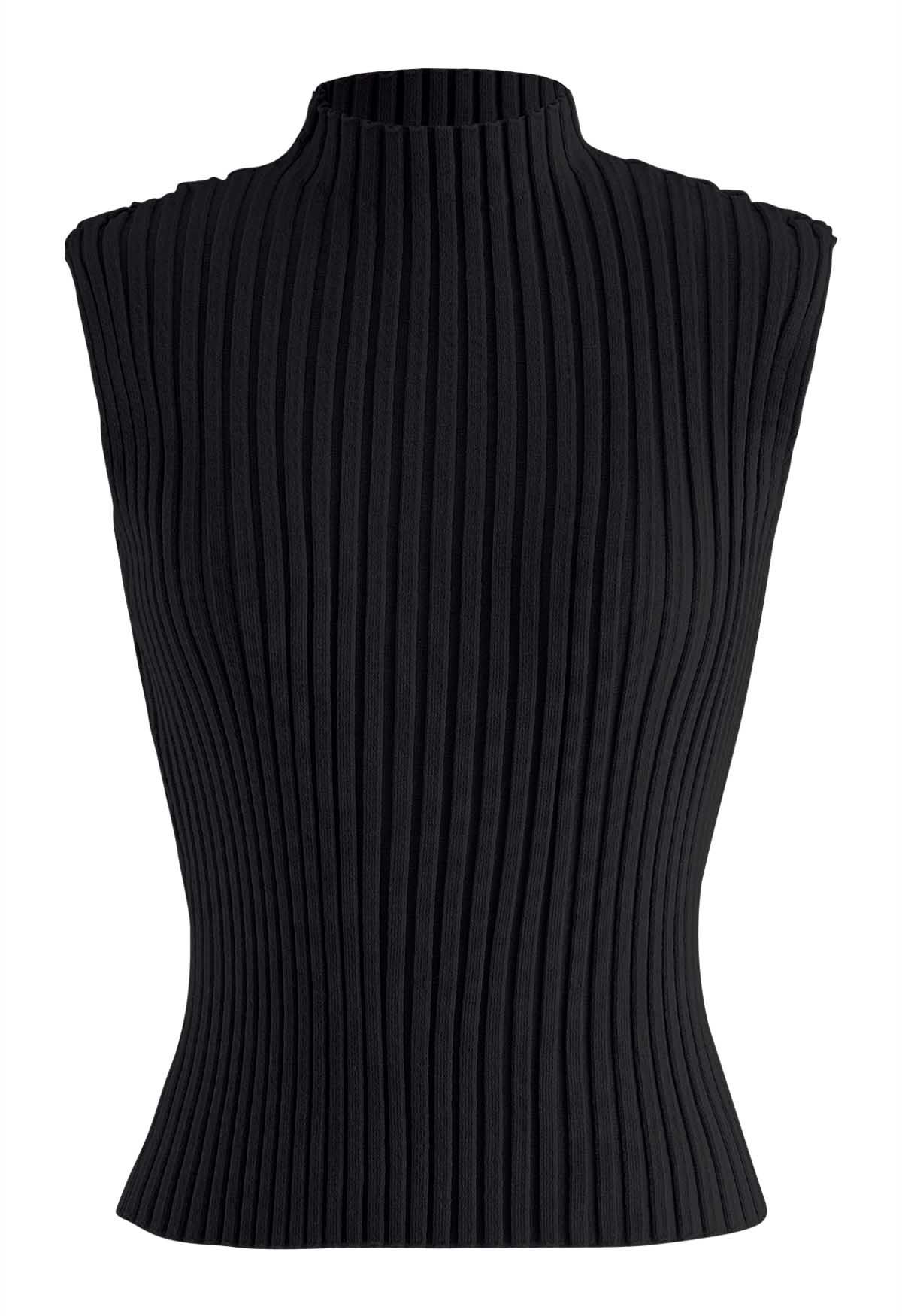 Mock Neck Sleeveless Rib Knit Top in Black - Retro, Indie and